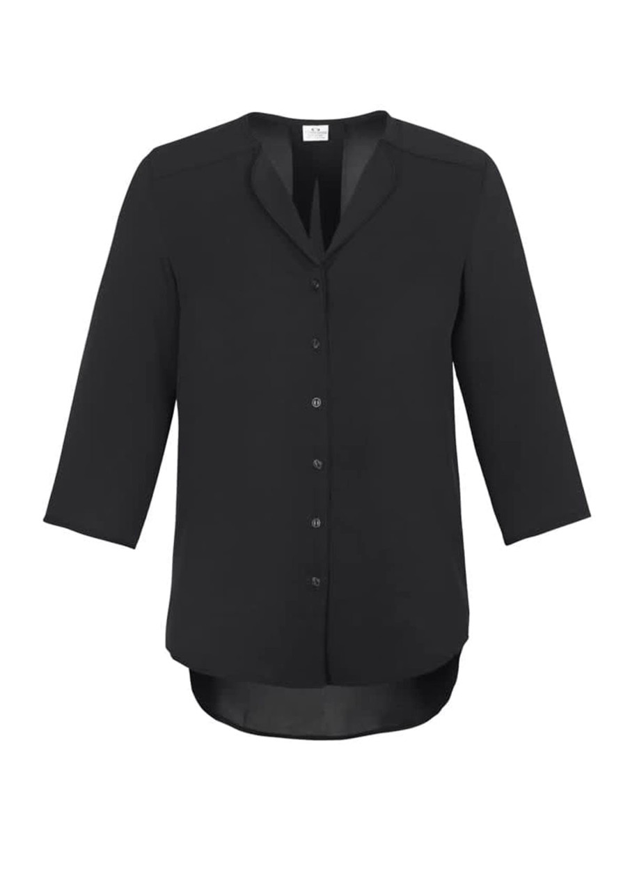 A black longline blouse with a button-up front and three-quarter sleeves. Features a collar and a curved hem.