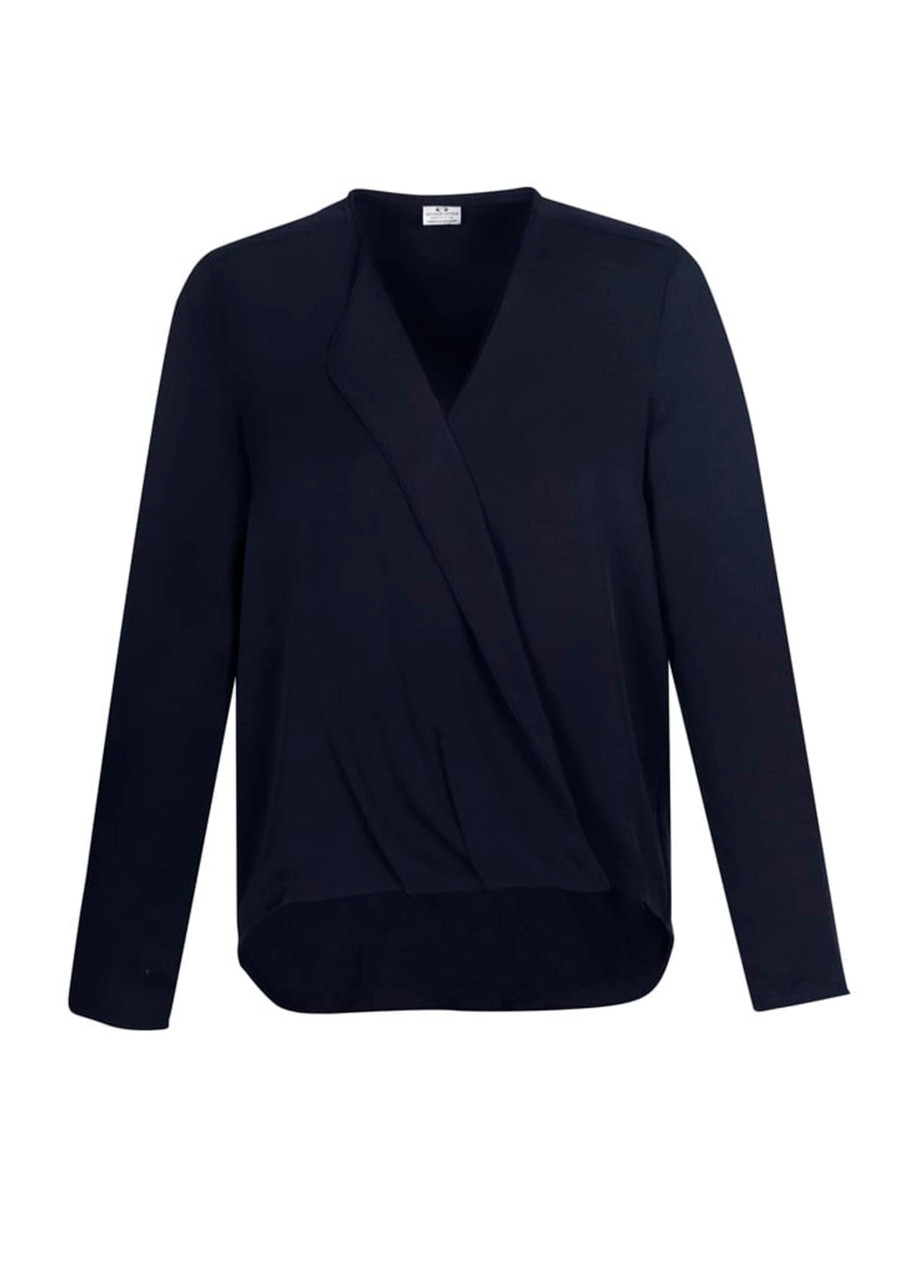 A women's hi-lo blouse in navy blue with a wrap design and long sleeves. Features a logo on the label.