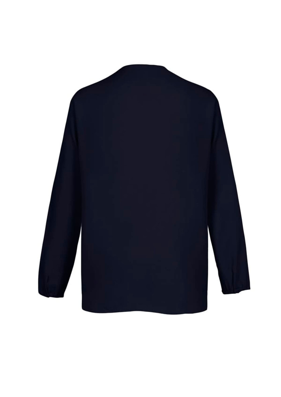 A dark navy women's blouse with long sleeves and a hi-lo hem, featuring a simple design and no visible branding.