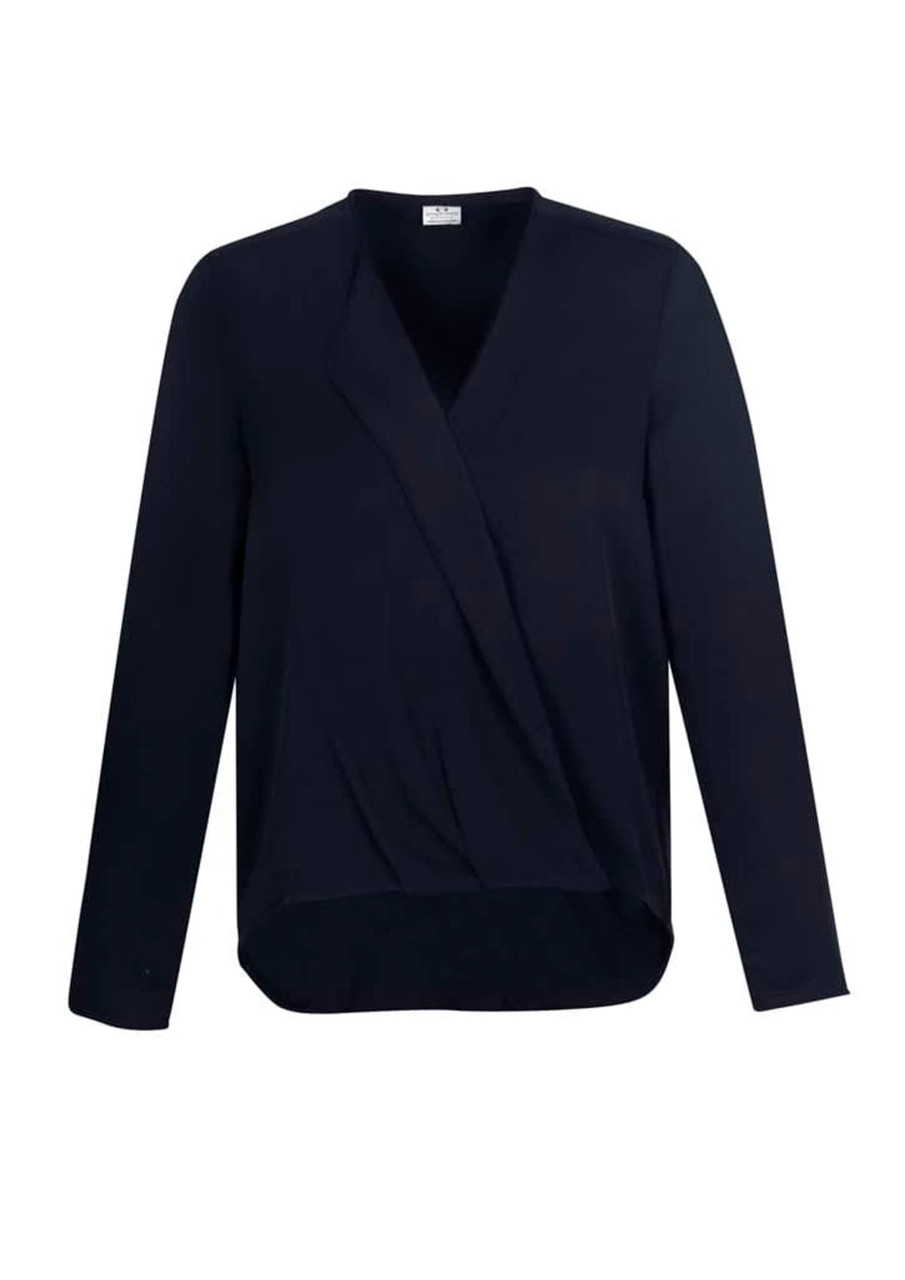 A women's navy blue hi-lo blouse with long sleeves and a wrap-style design. It features a logo on the label.