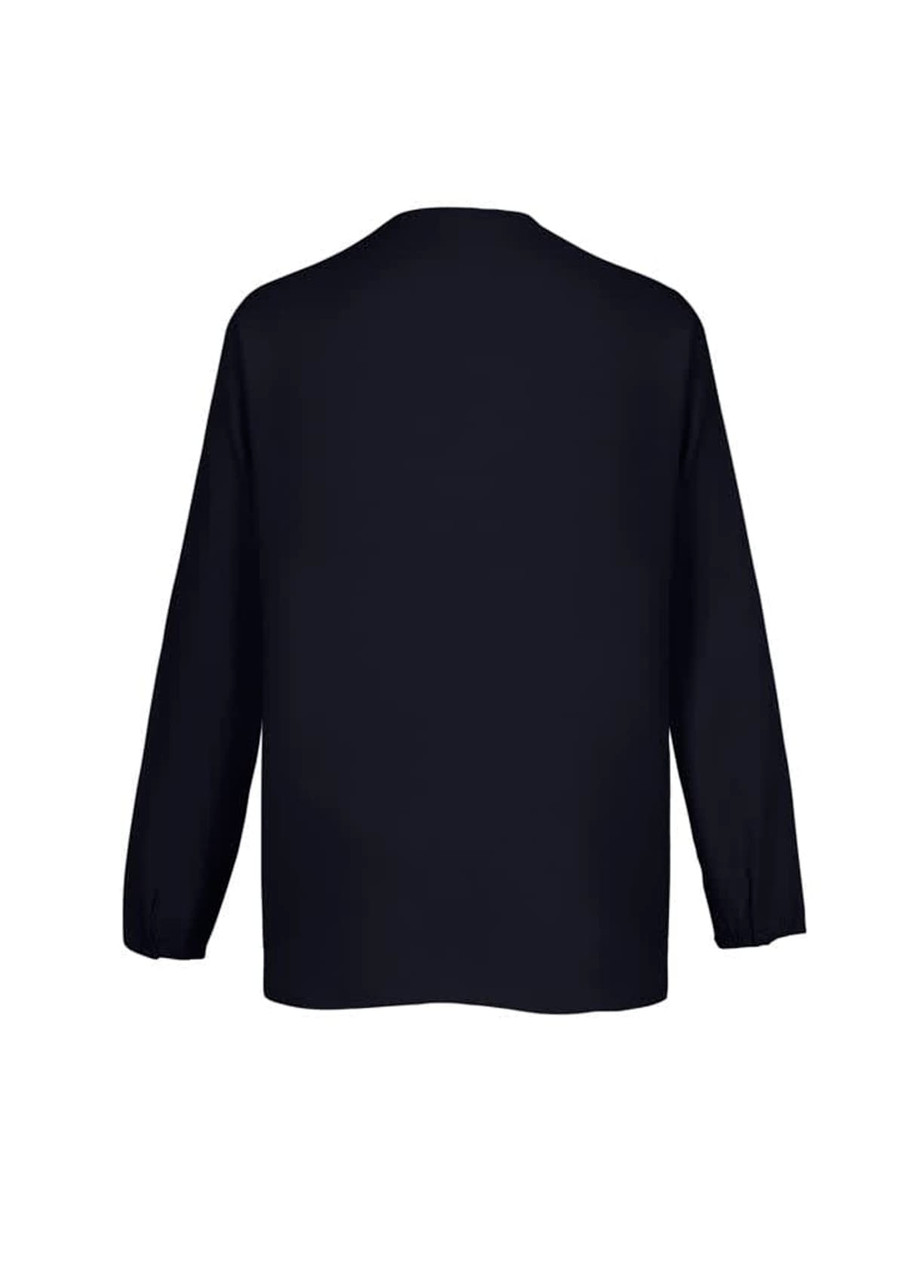 A black women's hi-lo blouse with long sleeves, featuring a simple, unadorned design and a relaxed fit.