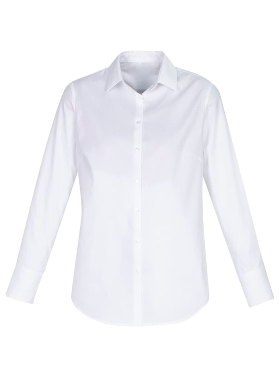 A white long sleeve button-up shirt with a classic collar and cuffs, featuring a logo.