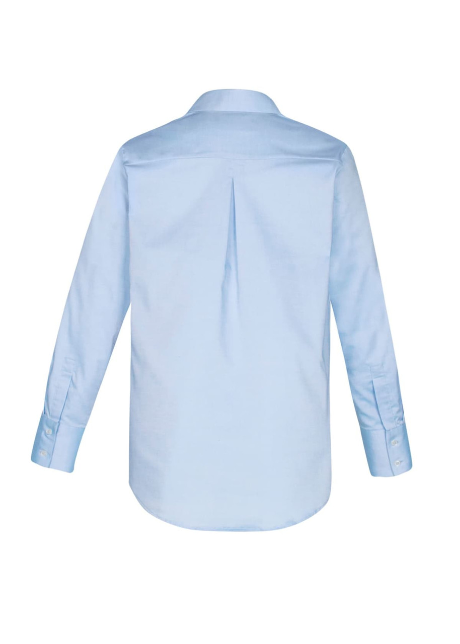 A light blue long sleeve button-up shirt featuring a back pleat and button cuffs, with a collar and a logo.
