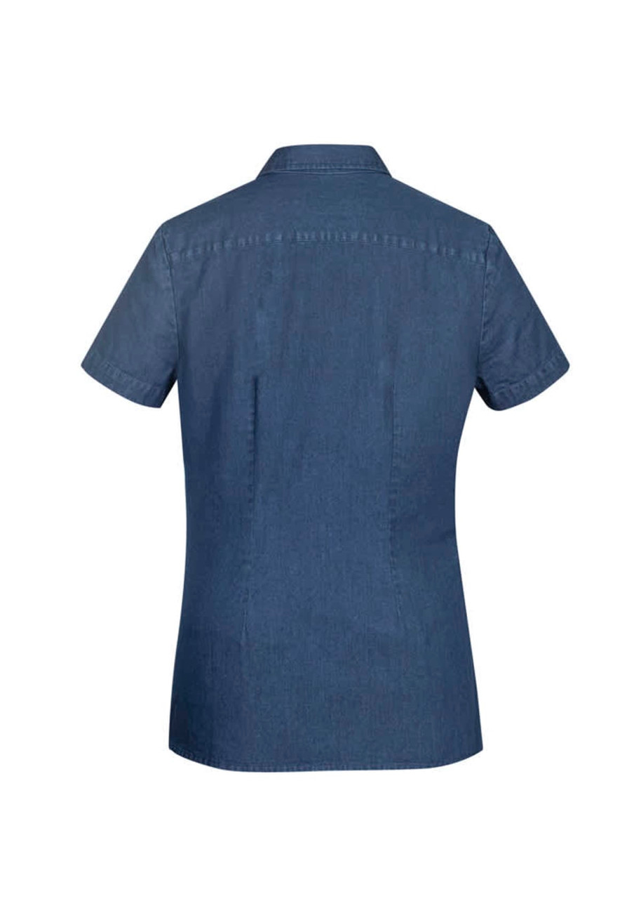 A women's short sleeve button-up shirt in a dark denim colour, featuring a back yoke and a fitted design.