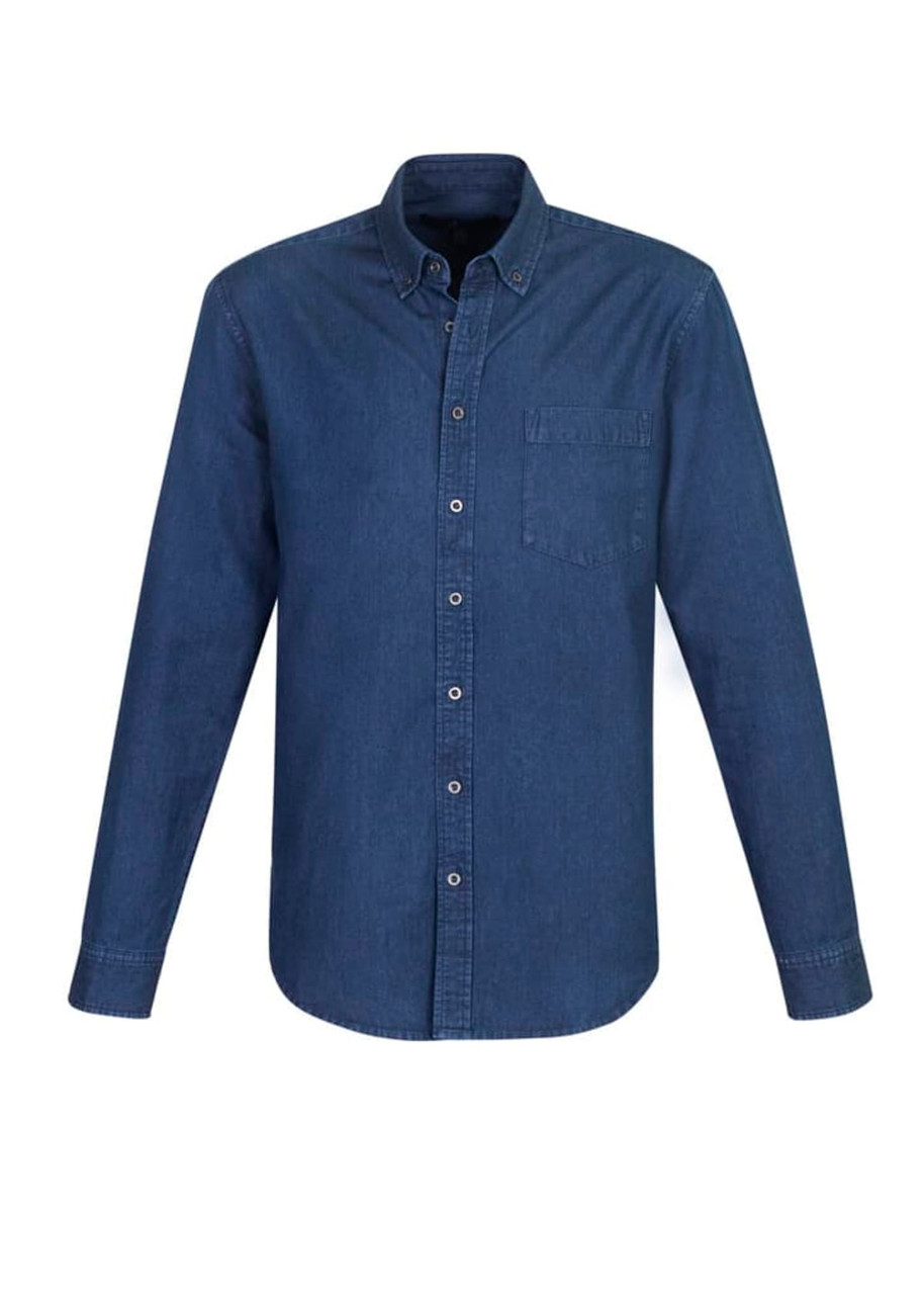 A dark blue button-up shirt with long sleeves and a single chest pocket, featuring a logo.