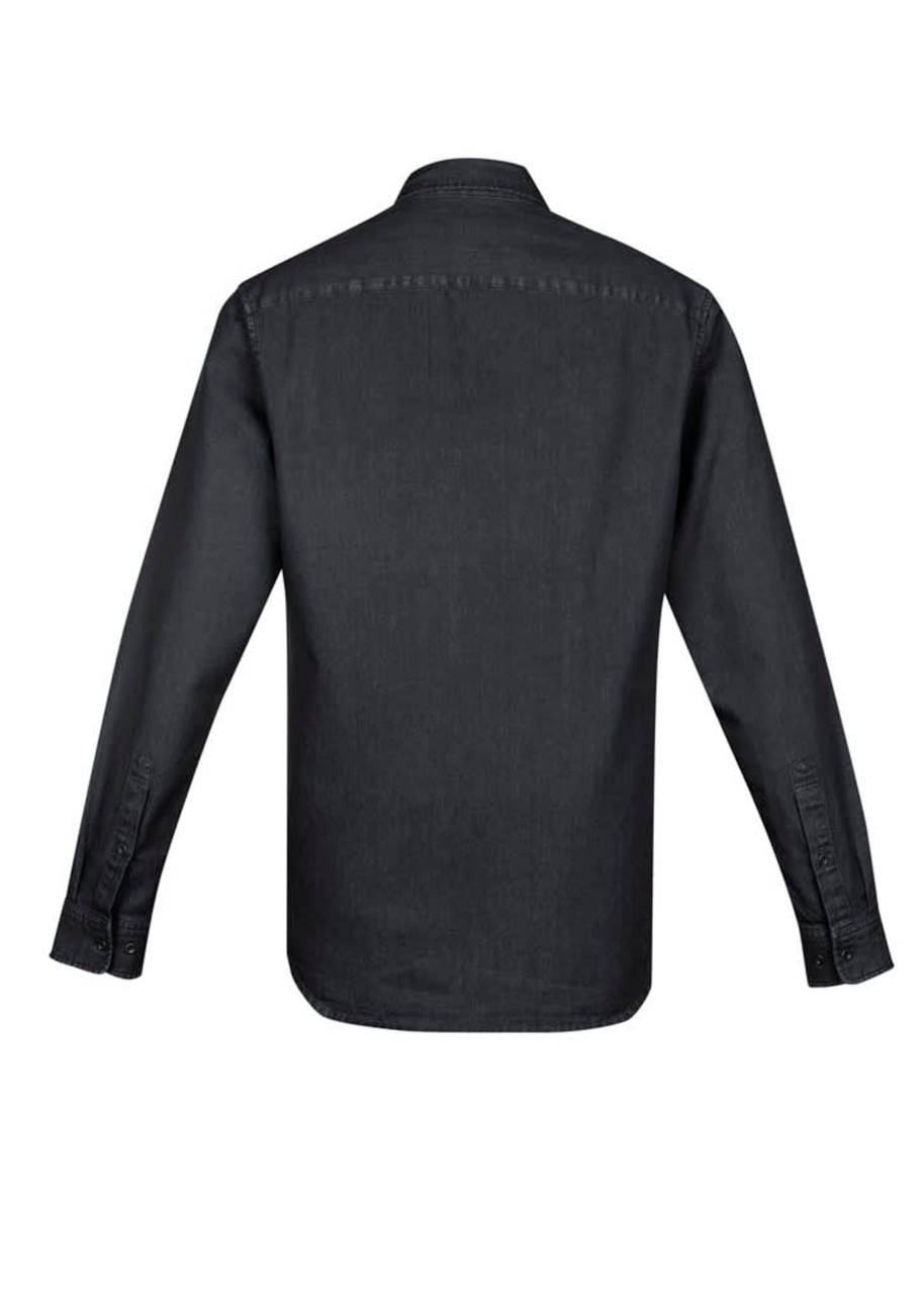 A black long sleeve button-up shirt featuring a plain back and buttoned cuffs, with a logo on the label.