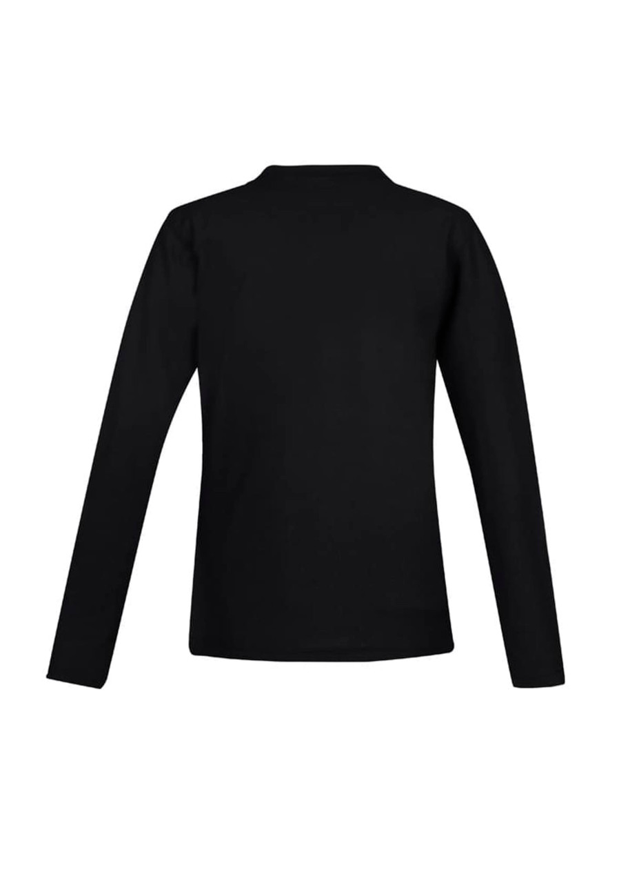 A black long sleeve polo shirt featuring a back view and a logo.