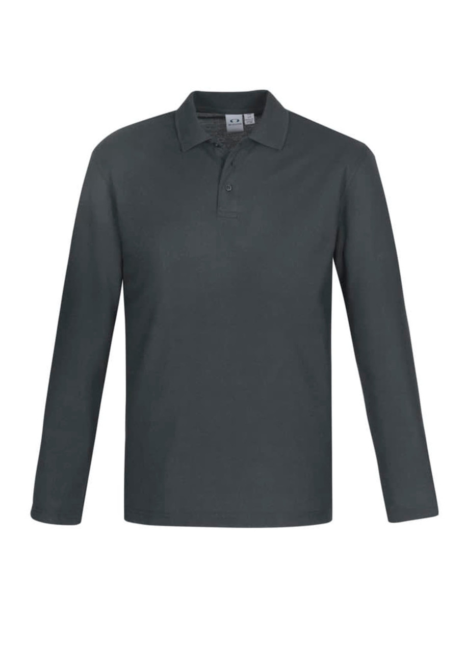 A long sleeve polo shirt in dark green, featuring a classic collar and a logo on the chest.