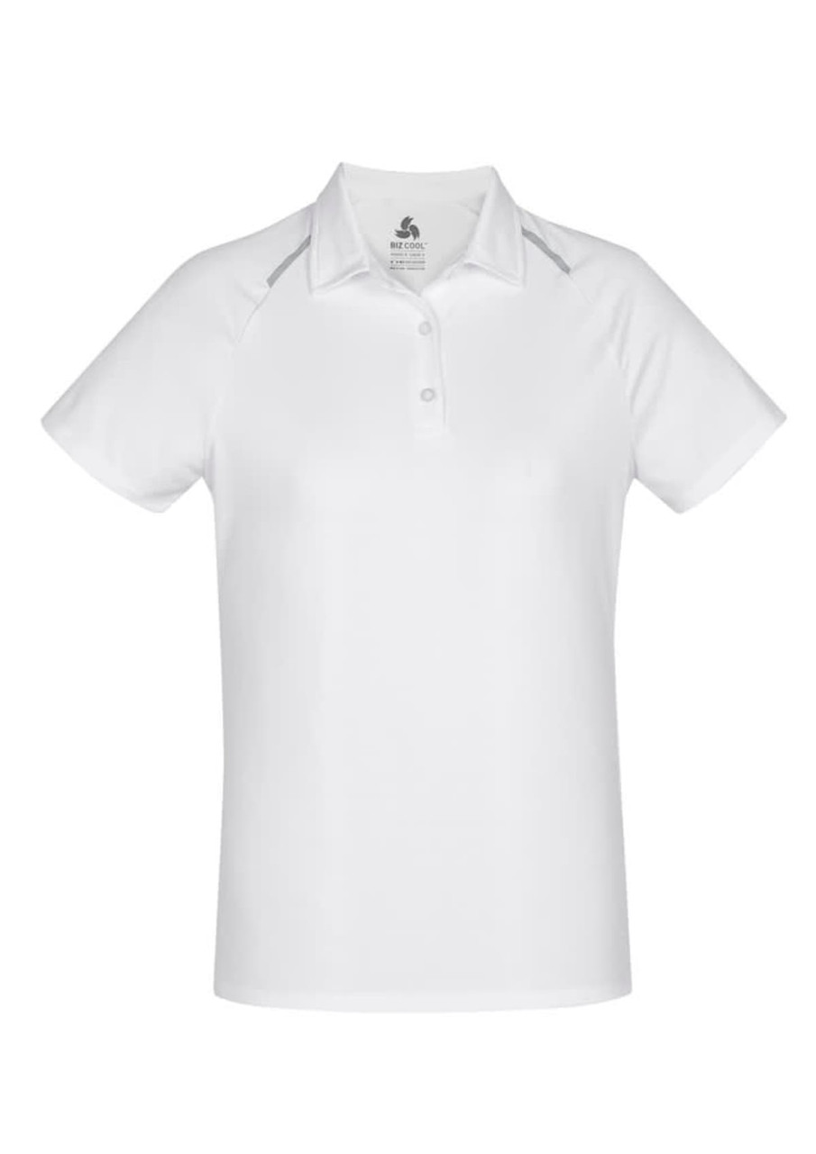 A women's short sleeve polo shirt in white with a subtle branding logo.