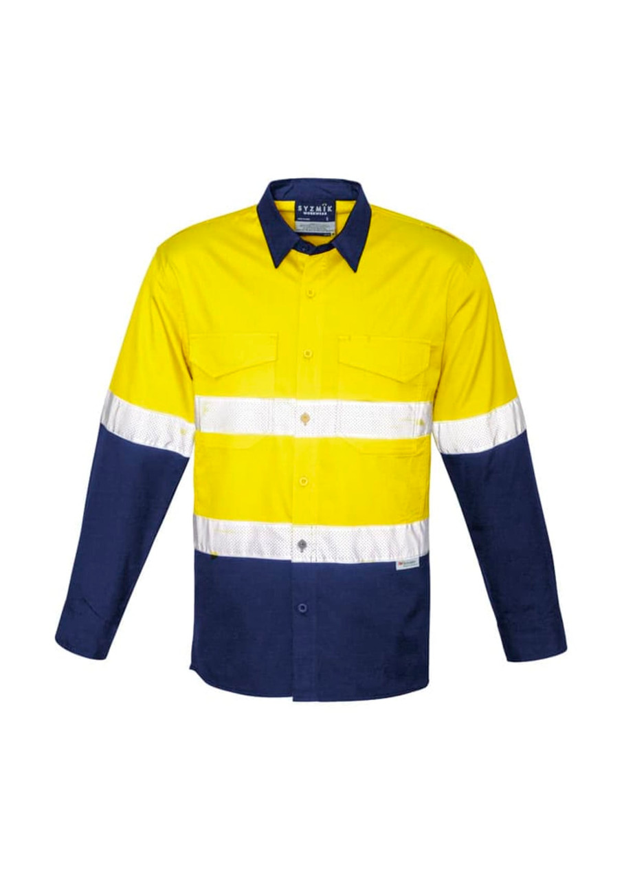 A long sleeve work shirt in bright yellow and navy, featuring reflective tape and a logo.