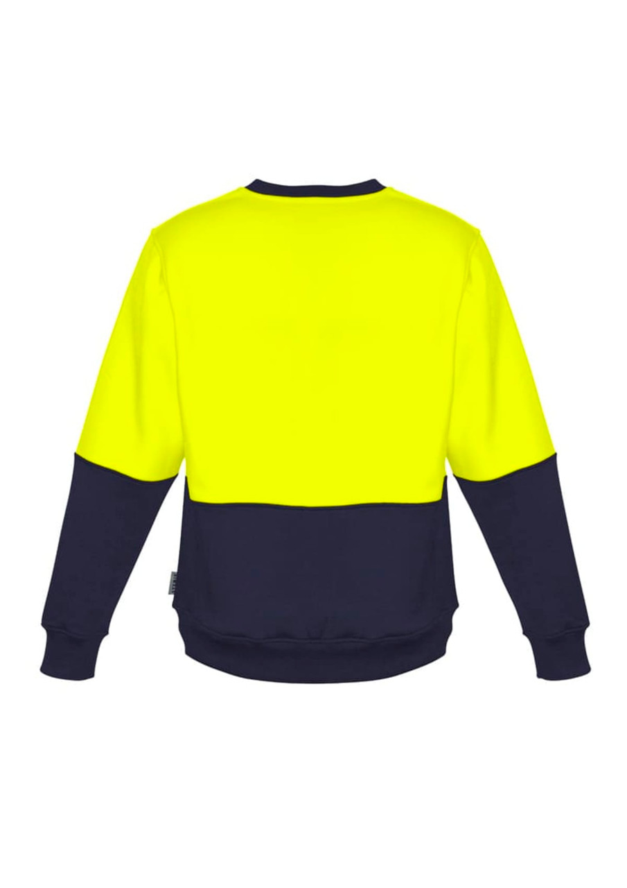 A unisex hi-vis crew sweatshirt featuring a bright yellow top section and a navy bottom section, with a logo.