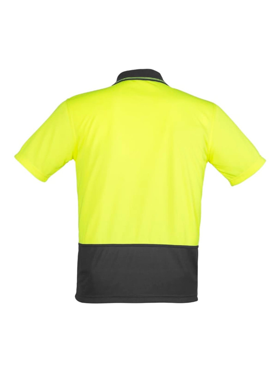 A high visibility yellow unisex short sleeve polo shirt with a dark grey lower panel and a collar, featuring a logo.