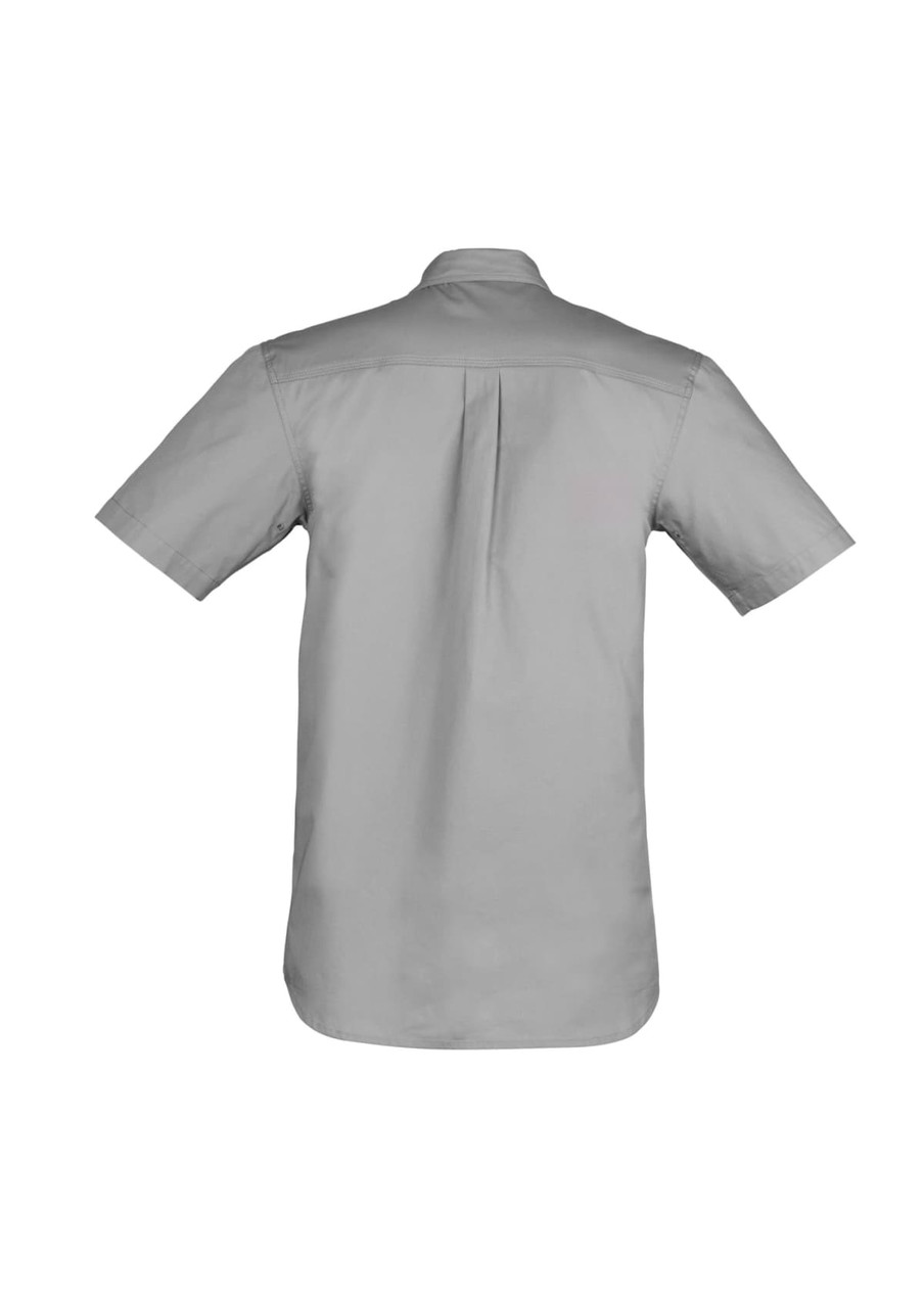 A grey lightweight short sleeve shirt with a back pleat and a logo. Suitable for workwear.