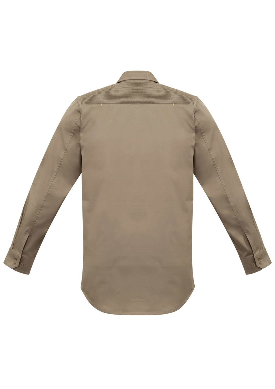A long-sleeved, stretch shirt in khaki, featuring a back yoke design and including a logo.