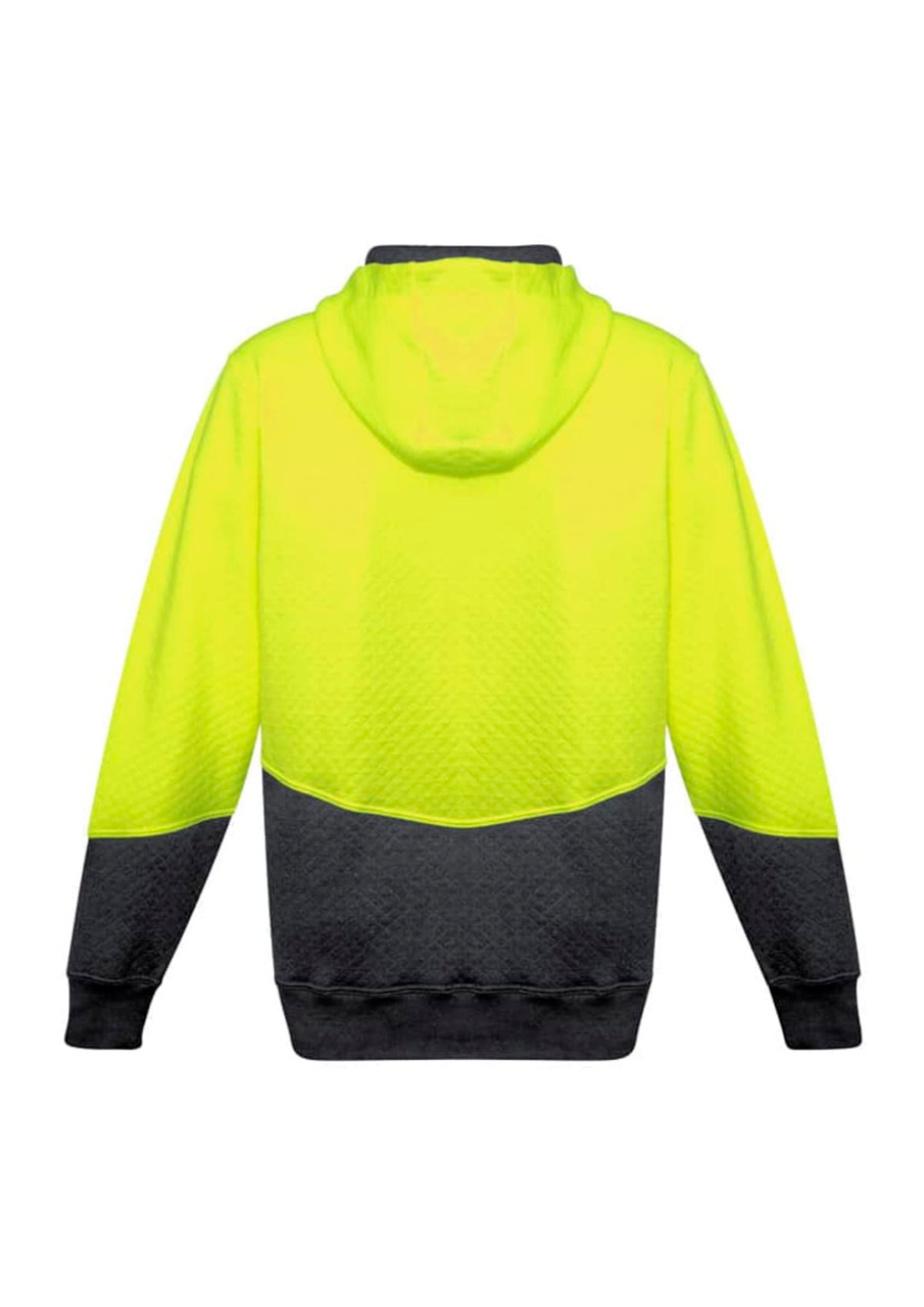 A bright yellow and black unisex hoodie featuring a textured jacquard design and a hood. It has a branding logo.