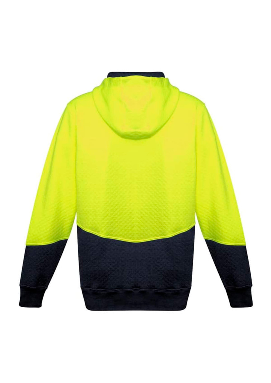 A bright yellow and navy unisex hoodie with a textured jacquard design and a full zip. Features a hood.