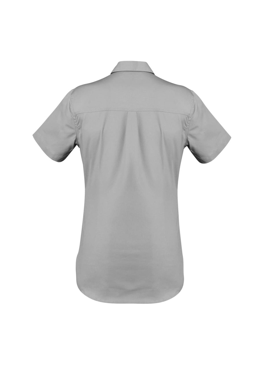 A light grey women's short sleeve work shirt with a collar and a logo on the back.