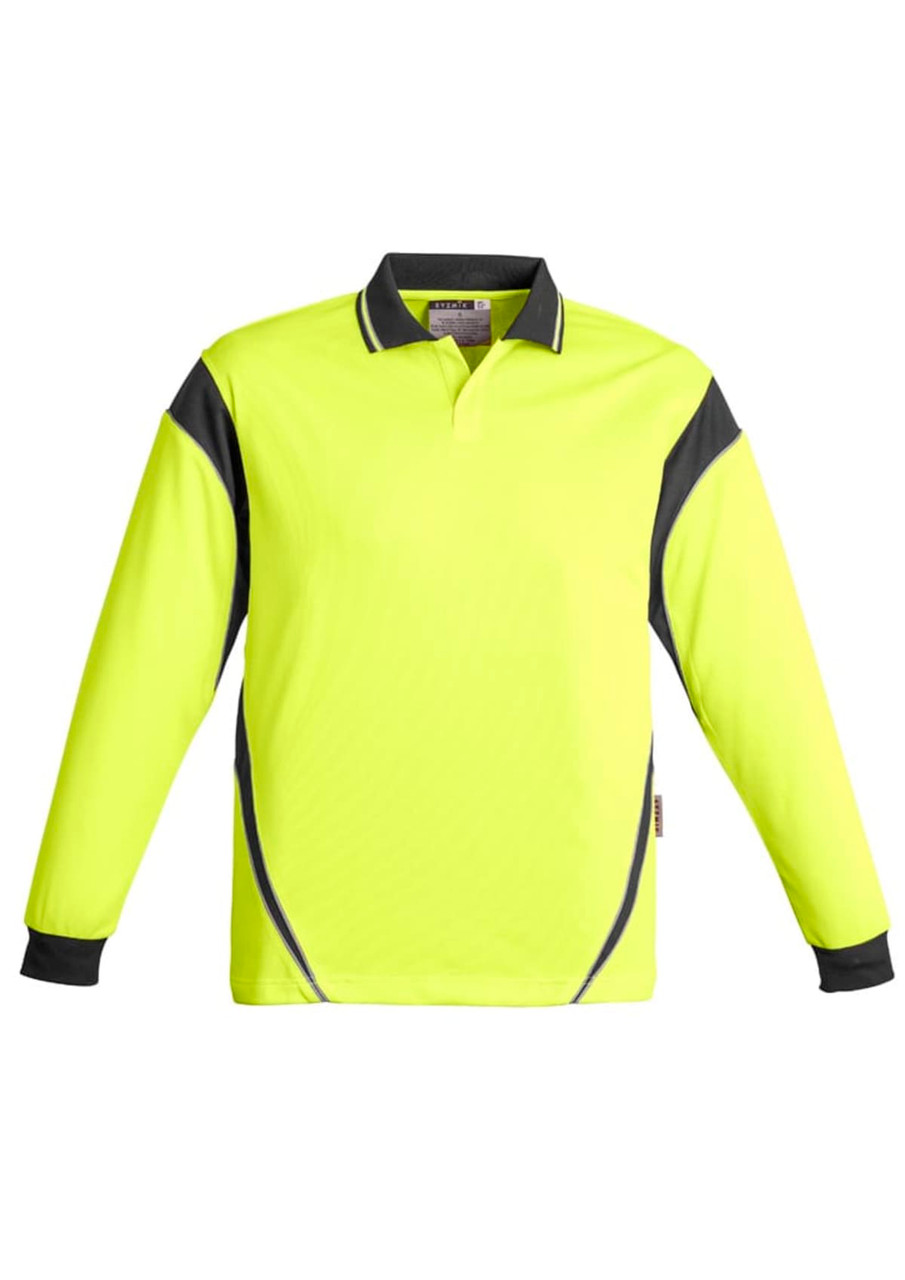 A long sleeve polo shirt in bright yellow with black accents and a logo on the chest. Suitable for workwear.