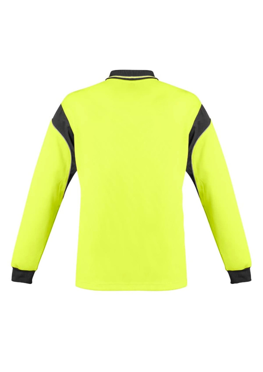 A long sleeve polo in hi-vis yellow with black accents and a collar. It features a logo on the front.