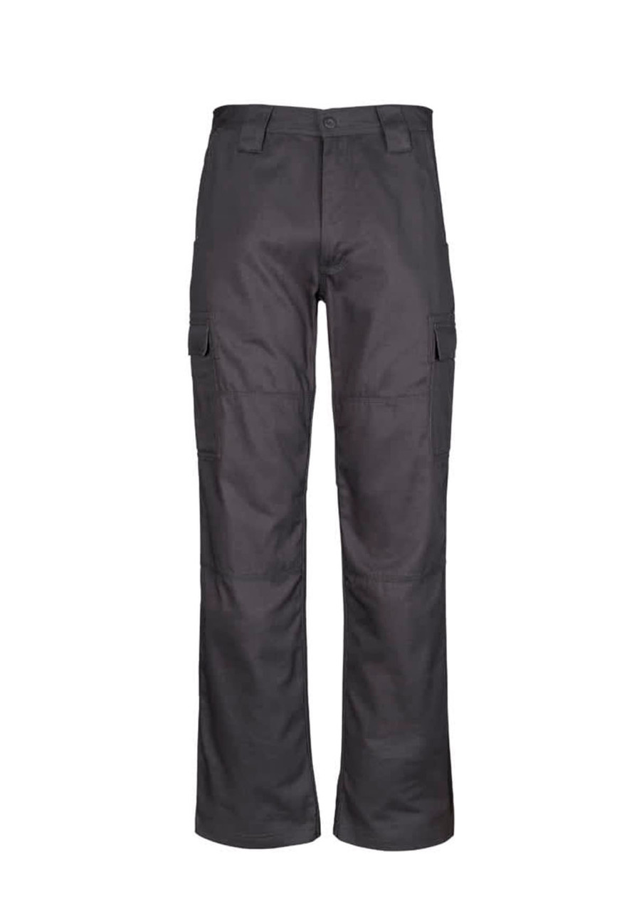 Midweight grey cargo pants with side pockets, featuring a straight leg design and a waistband.