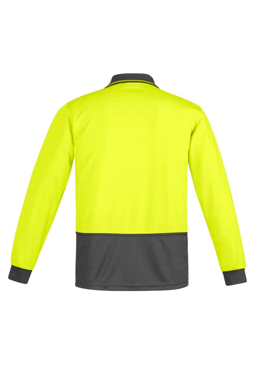 A high visibility long sleeve polo in bright yellow with a dark grey bottom and cuffs, featuring a logo.