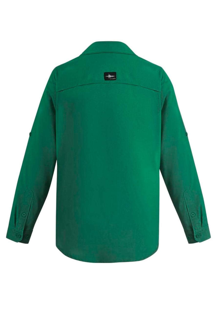 A green men's outdoor long sleeve button-up shirt, featuring a collar and buttoned cuffs, with a logo on the back.