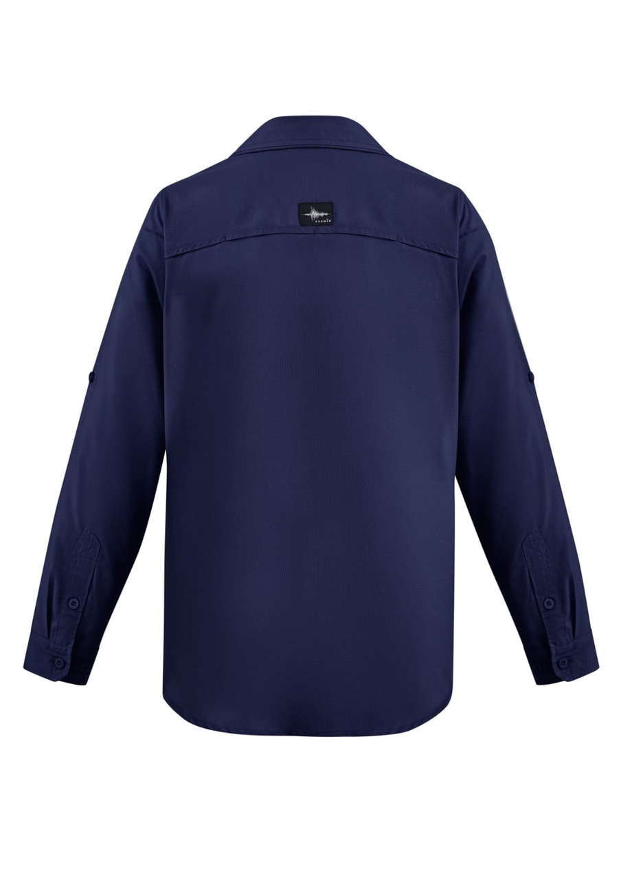 A navy long sleeve button-up shirt featuring a logo and a classic collar. Ideal for outdoor wear.