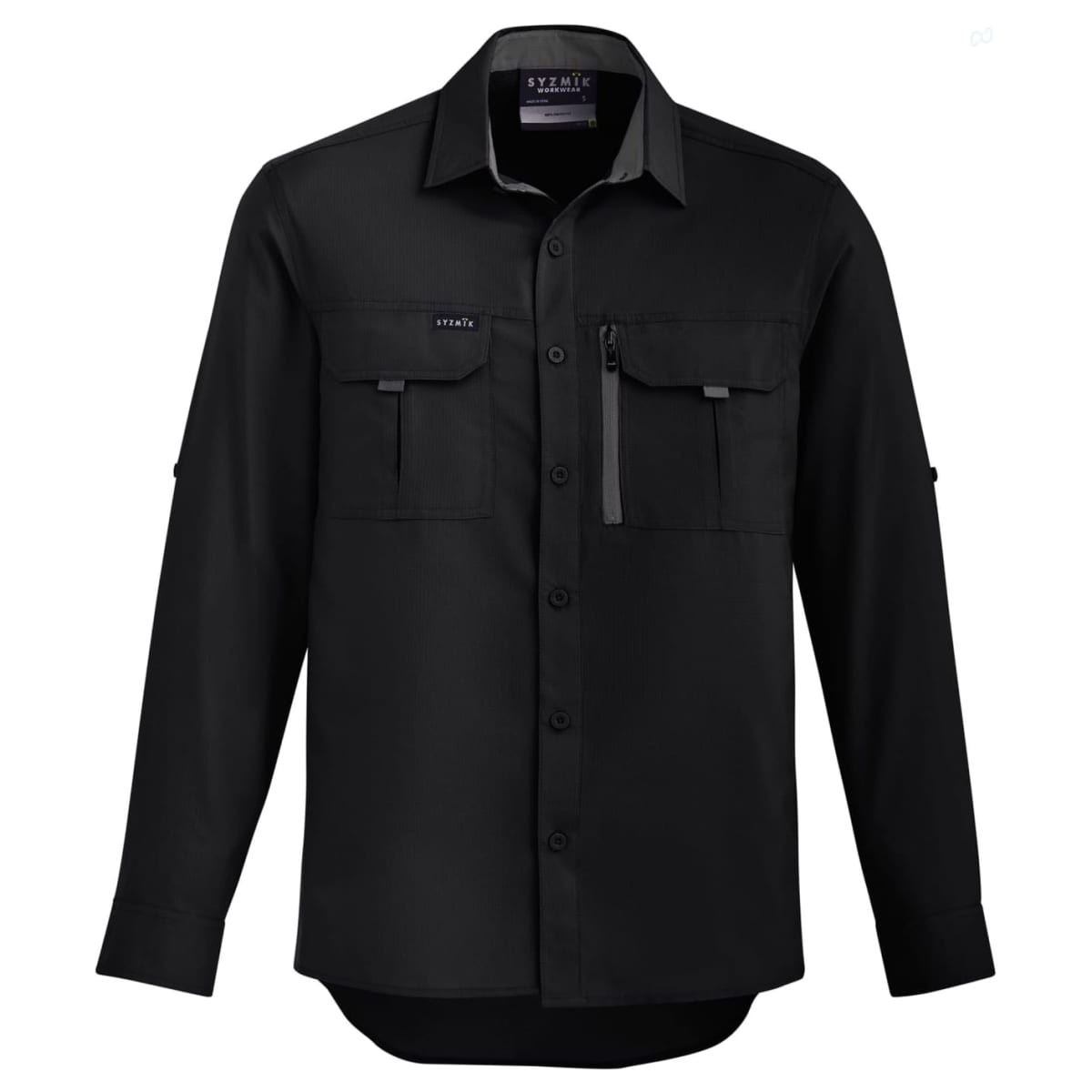 A black long sleeve button-up shirt with two front pockets and a logo. Suitable for outdoor activities.