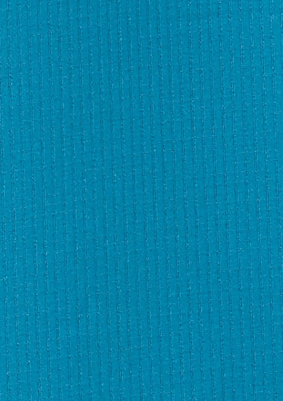A solid turquoise fabric featuring a textured ribbed design, suitable for a long sleeve shirt.