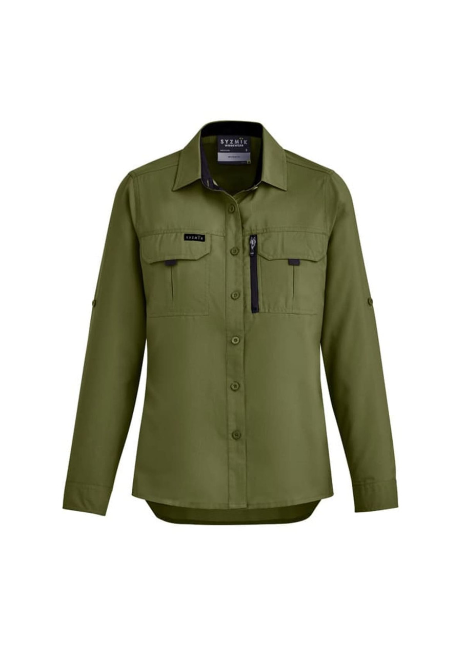 A women's long sleeve button-up shirt in olive green, featuring two chest pockets and a logo.