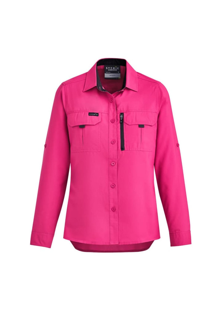 A pink women's outdoor long sleeve shirt with a button-up front and two chest pockets, featuring a logo.