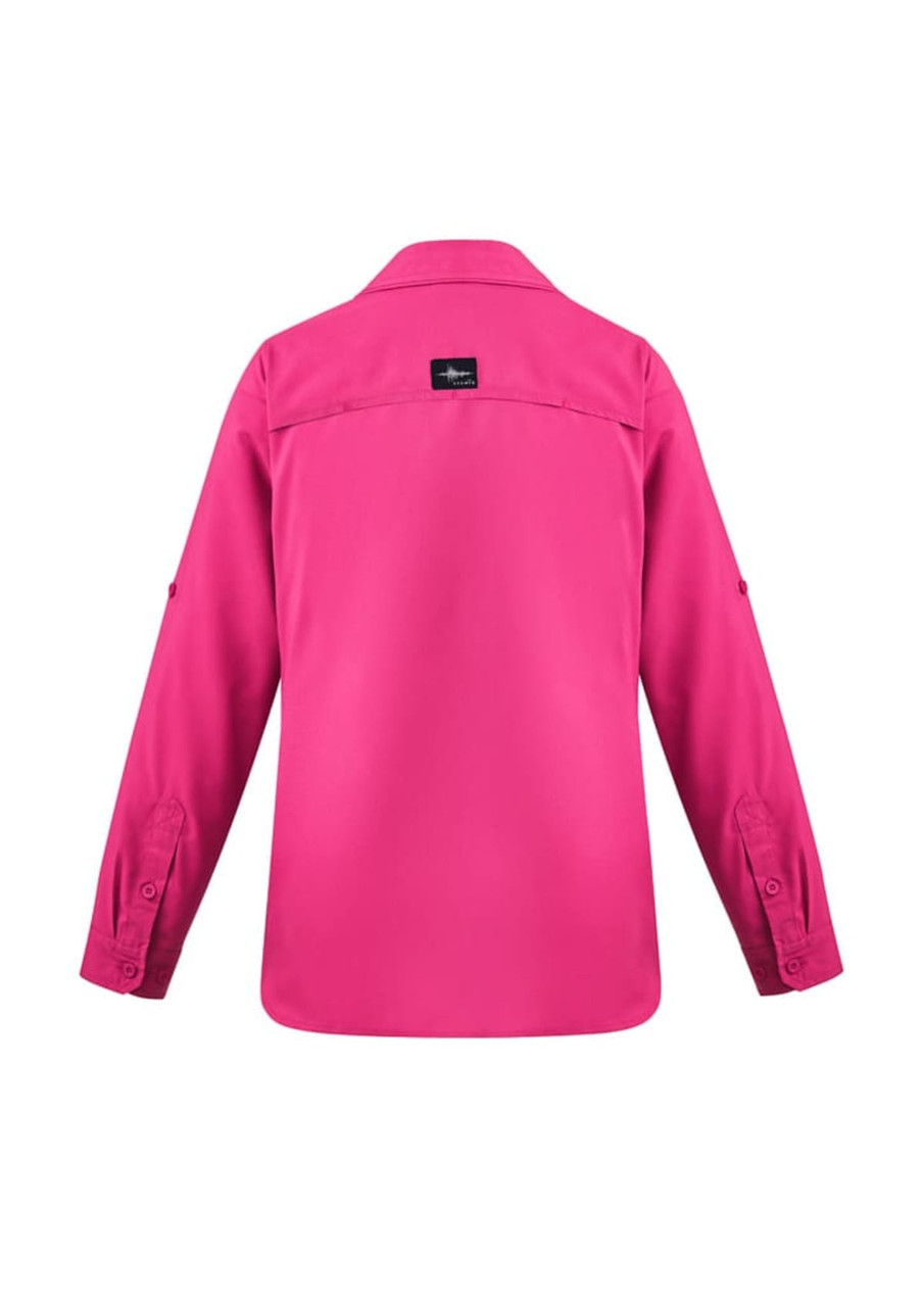 A pink women's outdoor long sleeve button-up shirt with a logo on the back. Features roll-up sleeves.
