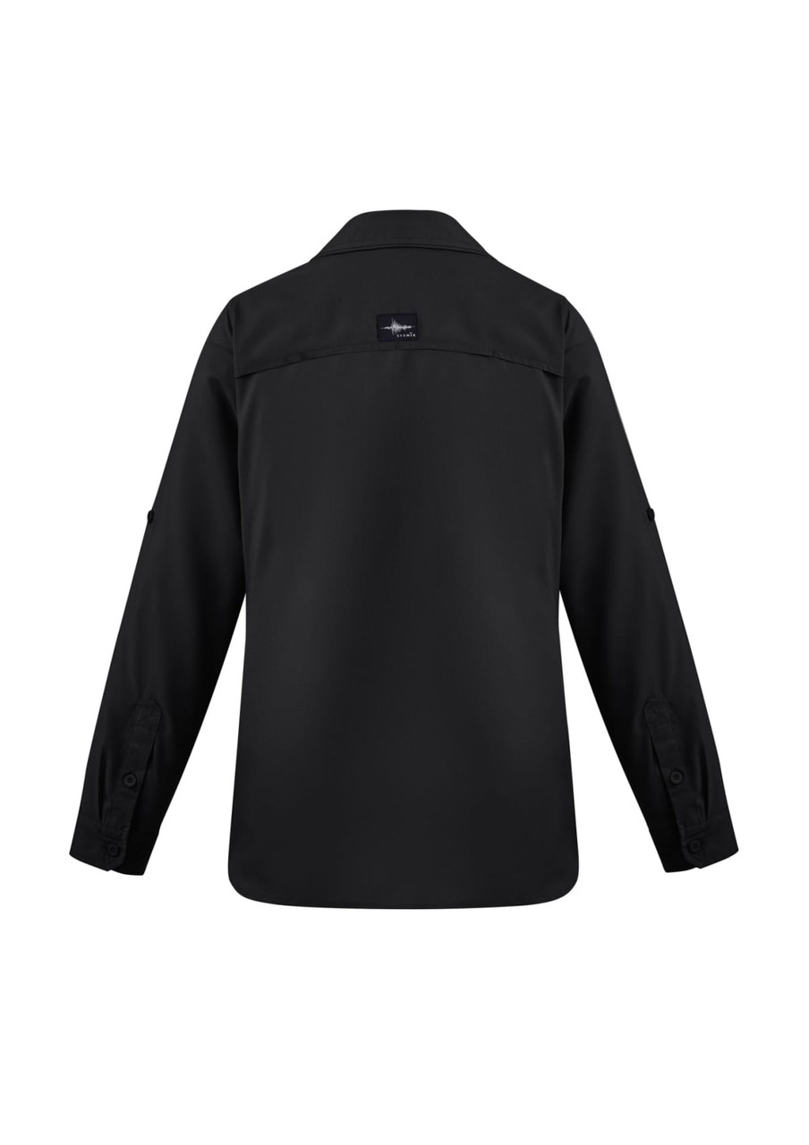 A black long sleeve button-up shirt for women, featuring a collar and a logo on the back.