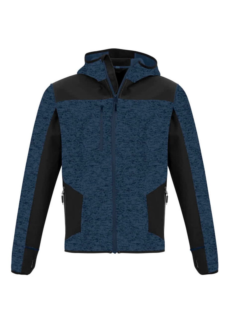 A unisex hoodie in navy blue with black accents, featuring a hood and zippered pockets. It has a logo on it.