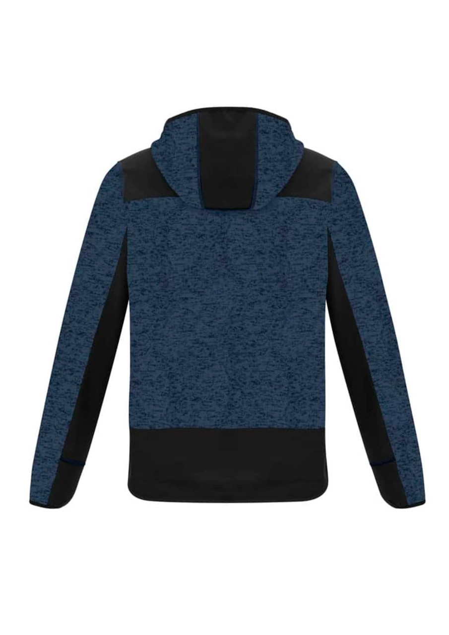 A unisex streetwear hoodie in dark blue with black accents and a hood. The back view features a logo.