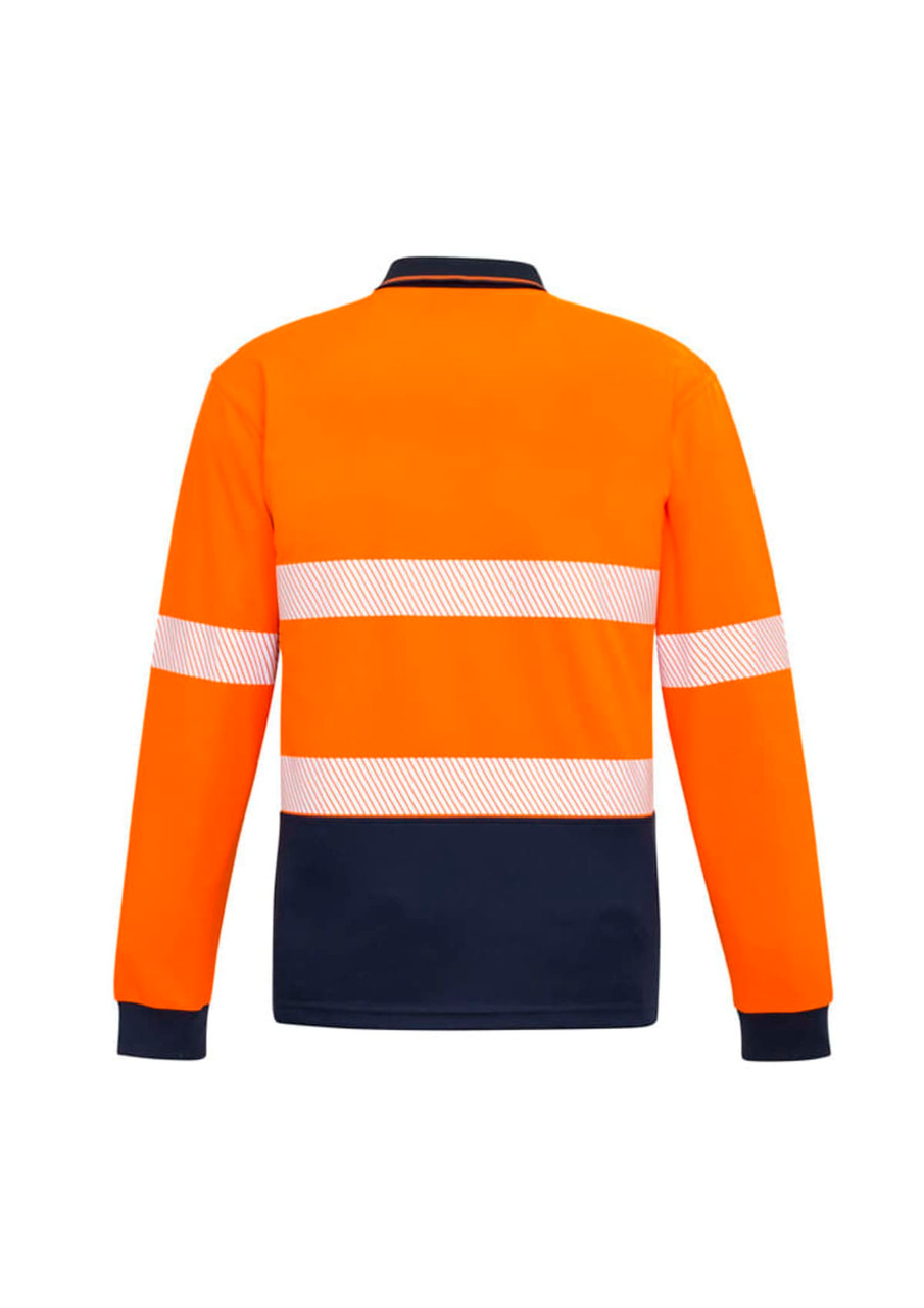 A long sleeve polo shirt in orange with segmented reflective tape and a navy collar. Features a branding logo.