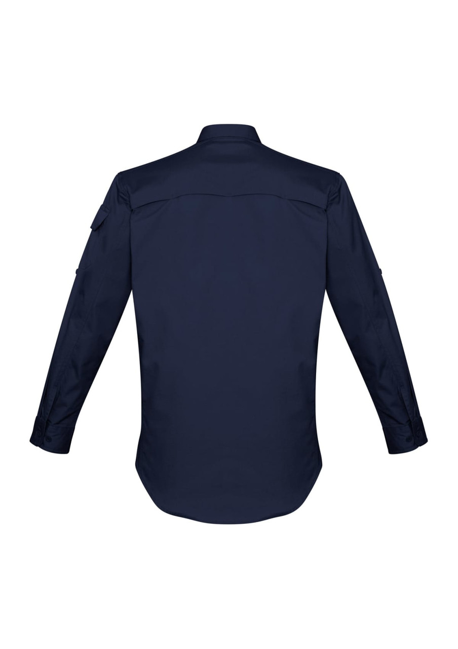A navy blue long sleeve shirt with a button-up design and branding details on the sleeve.