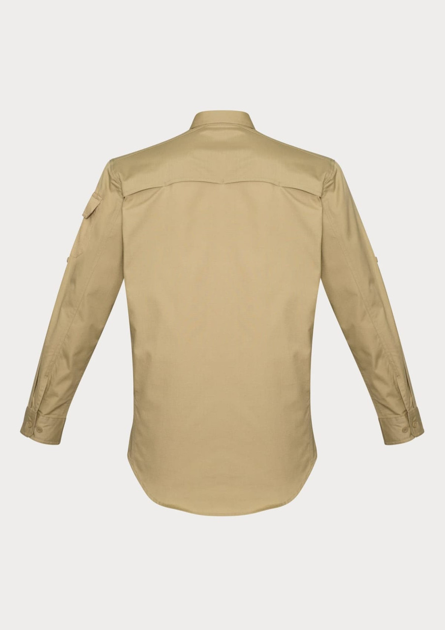 A long-sleeve, button-up shirt in a tan colour, featuring a back yoke and sleeves with pockets. It has a logo.