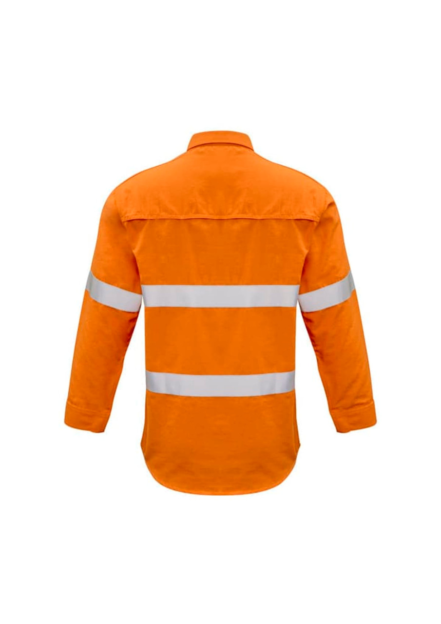 An orange work shirt featuring reflective hooped tape detailing across the sleeves and back.