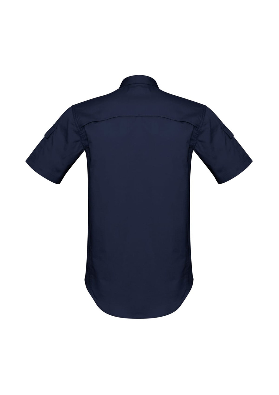 A short sleeve, navy blue men's shirt featuring a classic collar and a back yoke with a logo.