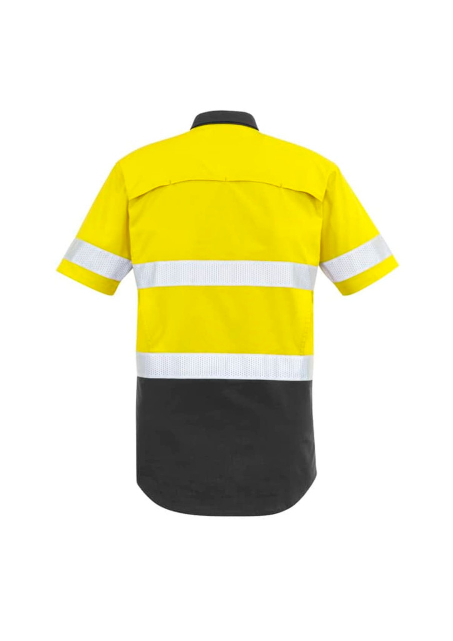 A yellow and black short sleeve shirt with reflective tape, featuring a logo on the upper back.