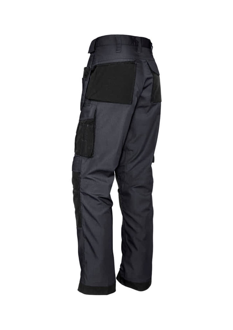 A pair of dark grey multi-pocket work pants with various pockets and a black panel on the back.