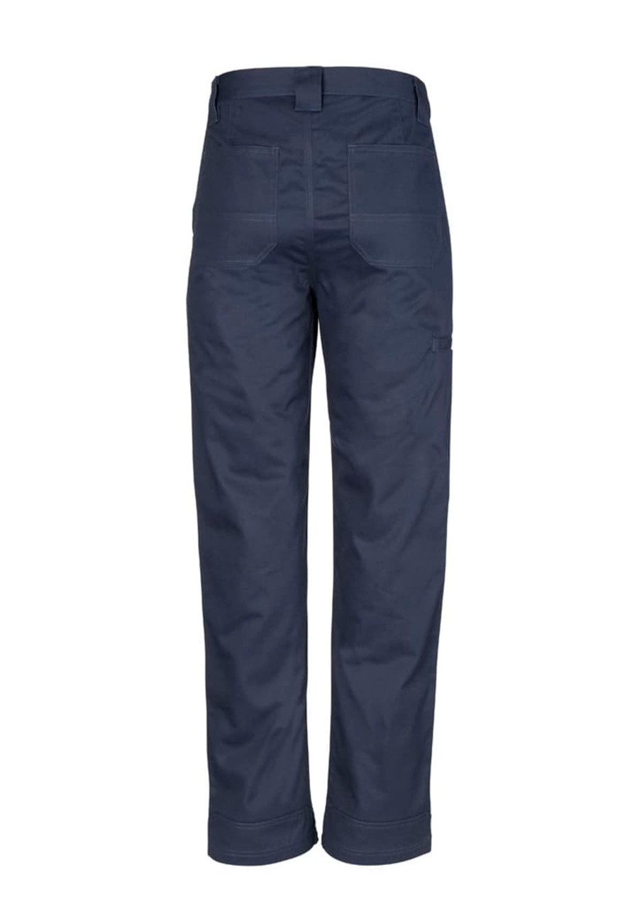 A pair of navy blue utility pants featuring multiple pockets and a branded logo on the back.