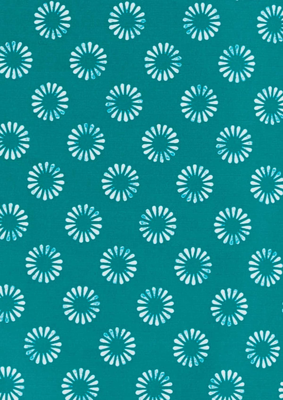 A teal fabric featuring a white daisy print pattern, with various floral designs evenly spaced throughout.