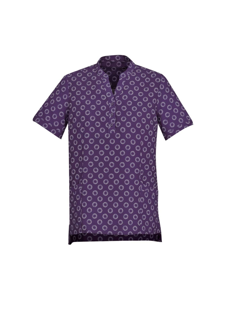 A purple tunic featuring a daisy print pattern, designed as part of a uniform collection.