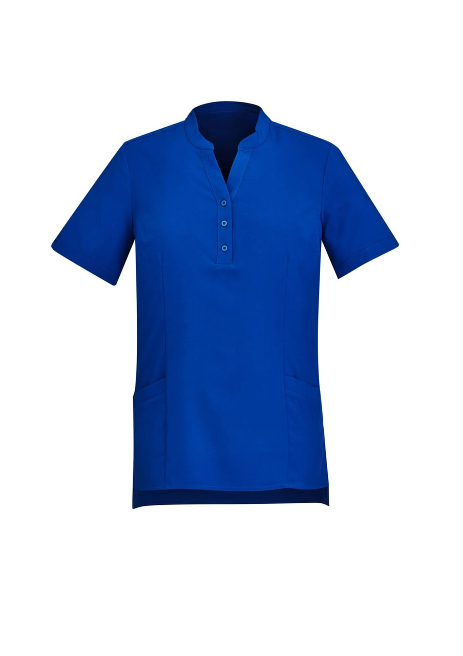 A blue women's tunic featuring short sleeves, a collarless design, and front buttons, with side pockets and a logo.