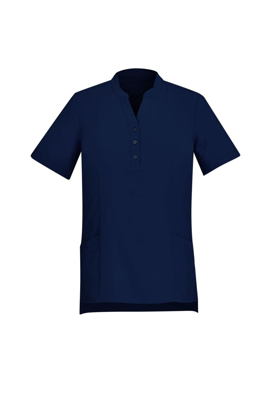 A navy blue women's tunic featuring a mandarin collar, short sleeves, and front button detailing with side pockets.