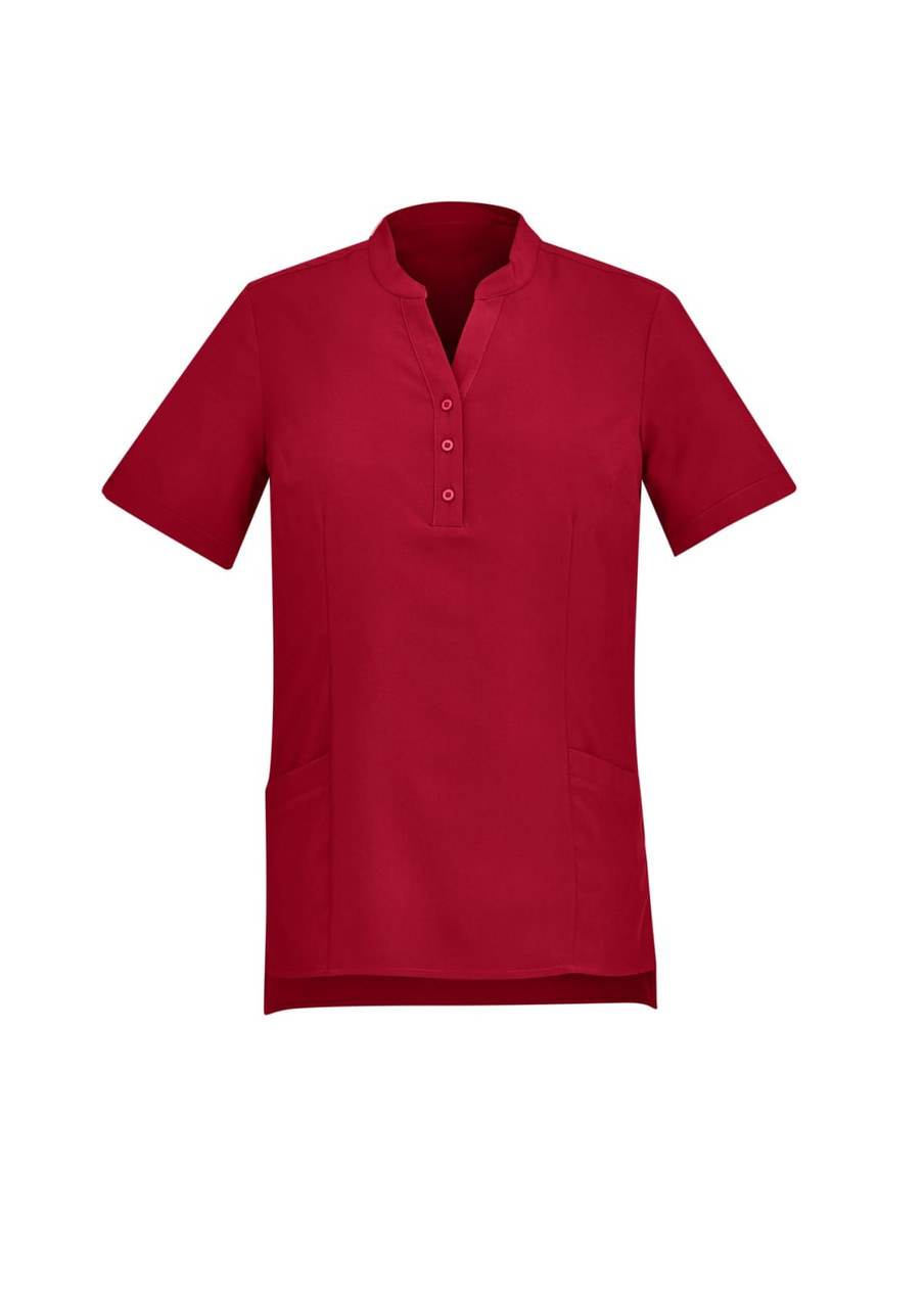 A red women's tunic featuring short sleeves, a mandarin collar, and a three-button placket. It has two front pockets.