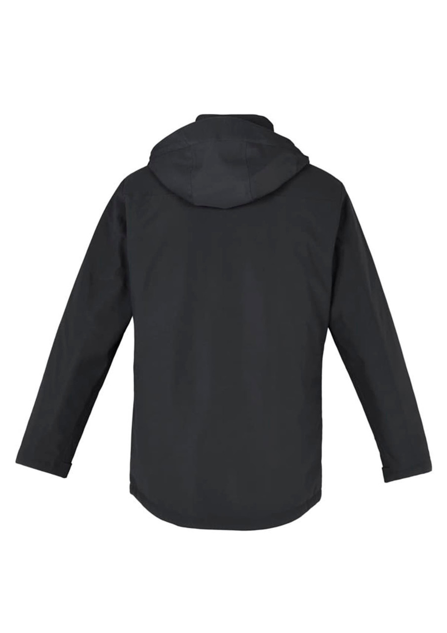 A black men's rain jacket with a hood, featuring a simple design and a branded logo.