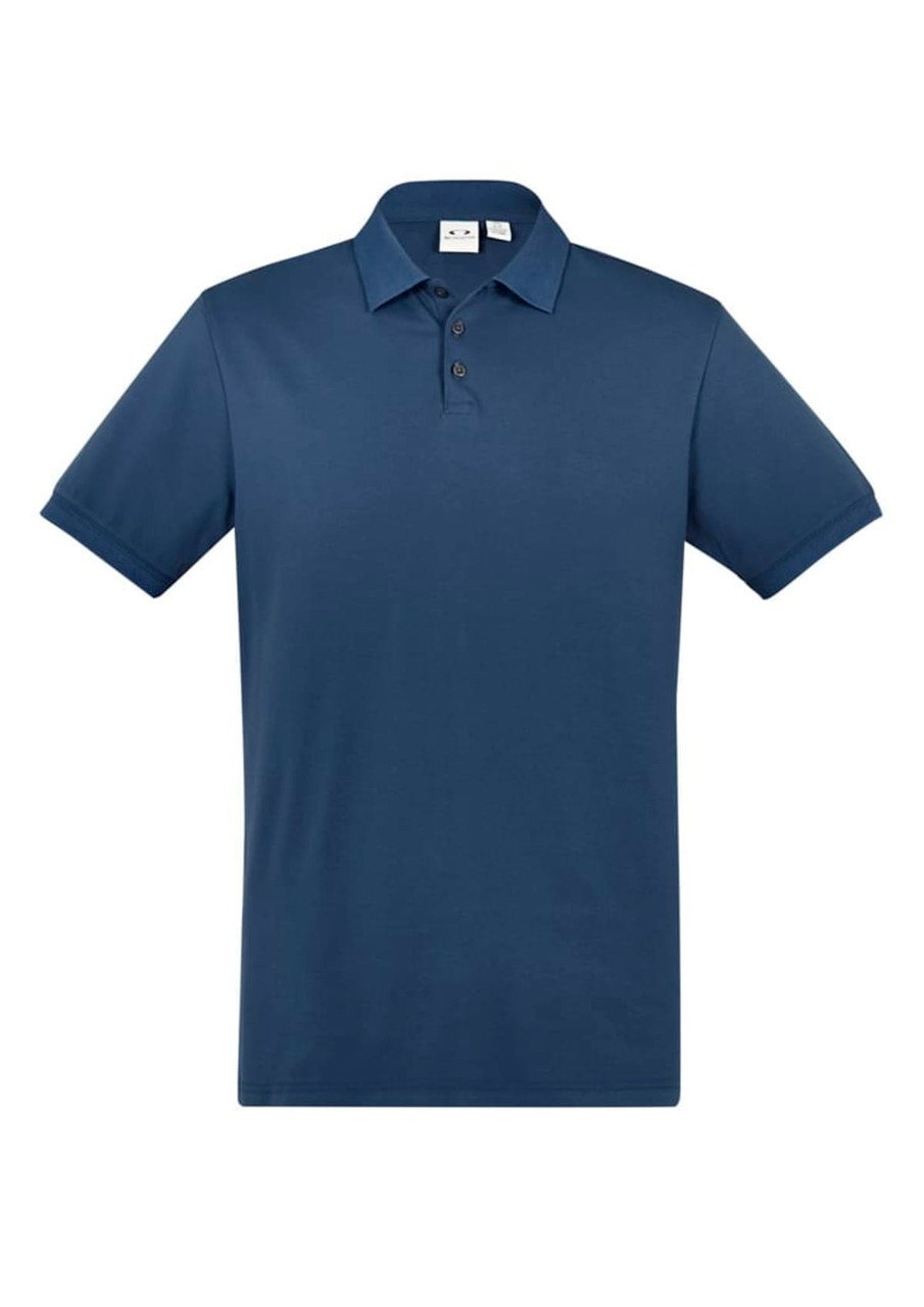 A navy blue men's short sleeve polo shirt with a collar and three buttons, featuring a logo on the chest.